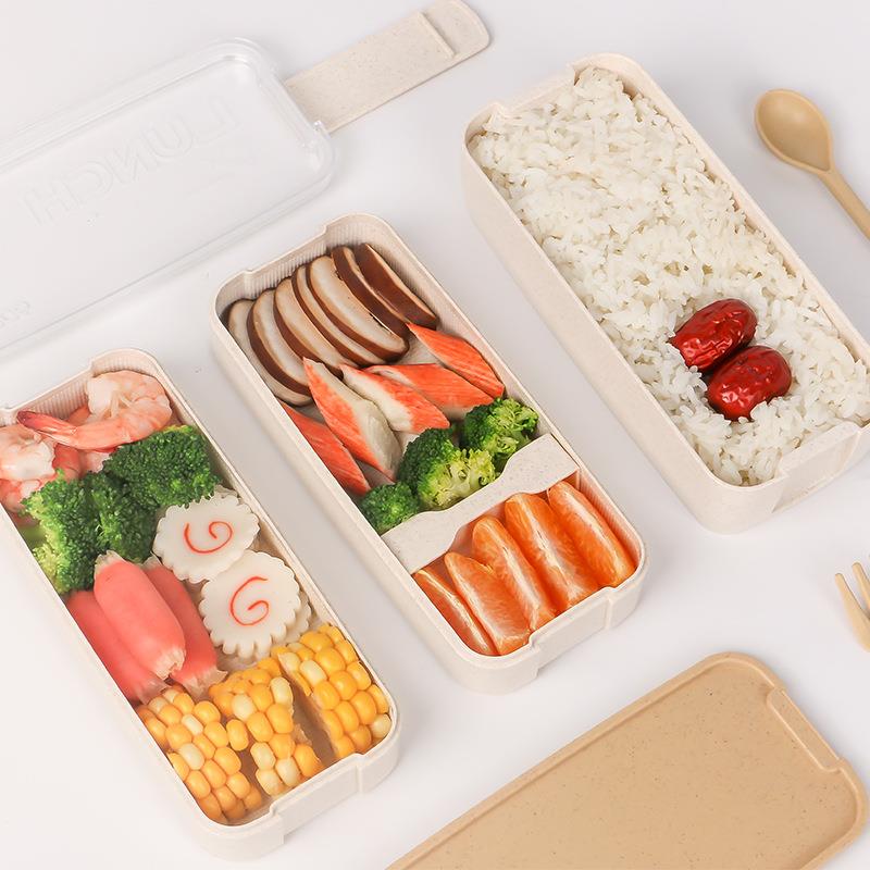 小麦秸秆三层饭盒长方形学生餐盒上班族午餐分隔饭盒塑料饭盒