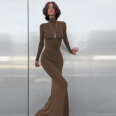 Womens Solid Color Stand Collar Bodycon Dress Fashion Long
