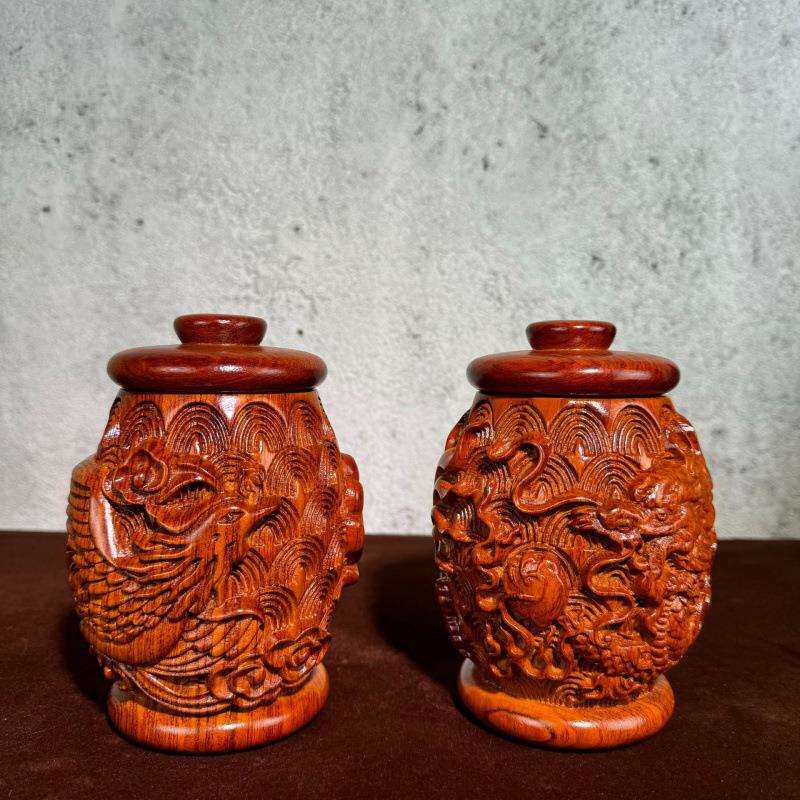 艺铭仙苑檀木雕刻 龙凤罐收凤纳罐浮雕龙物 储罐子家居摆黑设供货