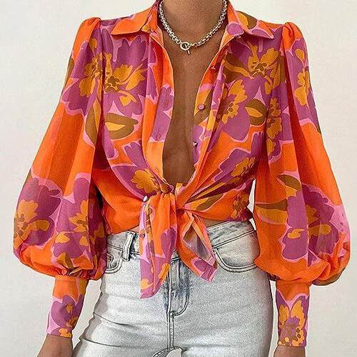 Women Fashion Button Down Shirts V Neck Printed Solid Long