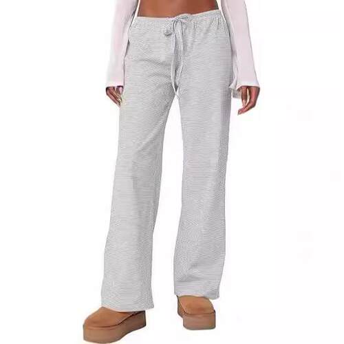 Women Striped Pants Elastic Waist Tie-up Loose Lounge Pants
