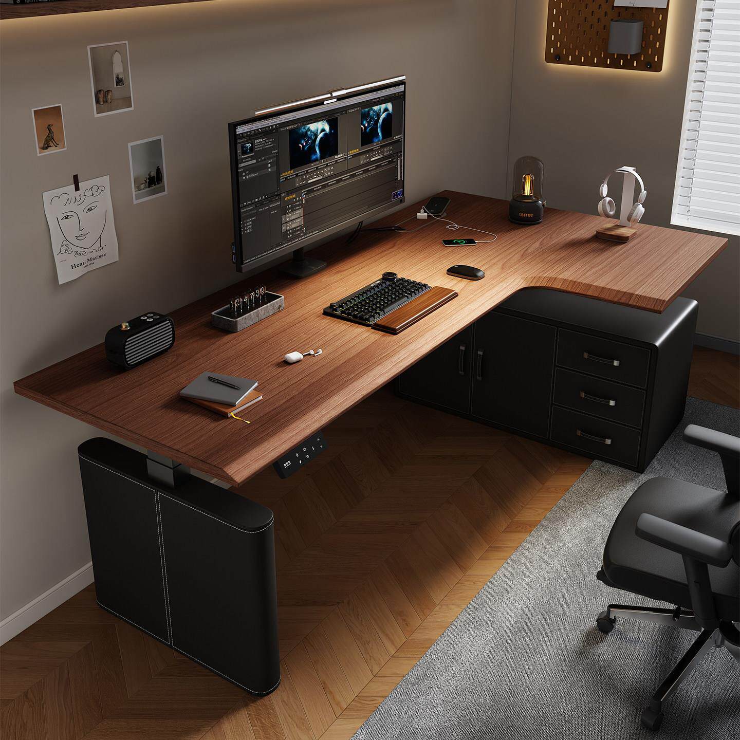 转角实木电动升降桌腿电脑桌台式办公室桌带储物柜书房家具书桌子