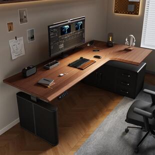 转角实木电动升降桌腿电脑桌台式 办公室桌带储物柜书房家具书桌子