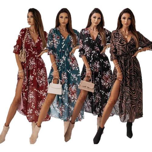 Women's collar side slit printed dress