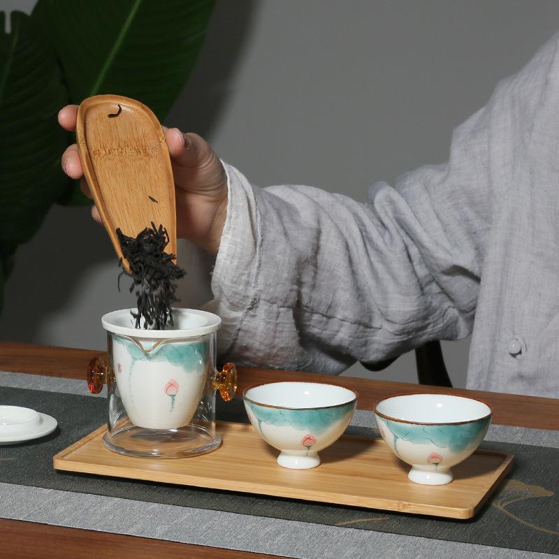 手绘荷花小清新红茶泡便携陶瓷茶壶泡茶器一壶二杯家用