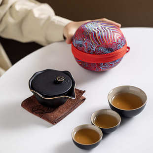 一壶三杯出差随身包套装 粗陶旅行茶具便携式 户外功夫茶杯可定logo
