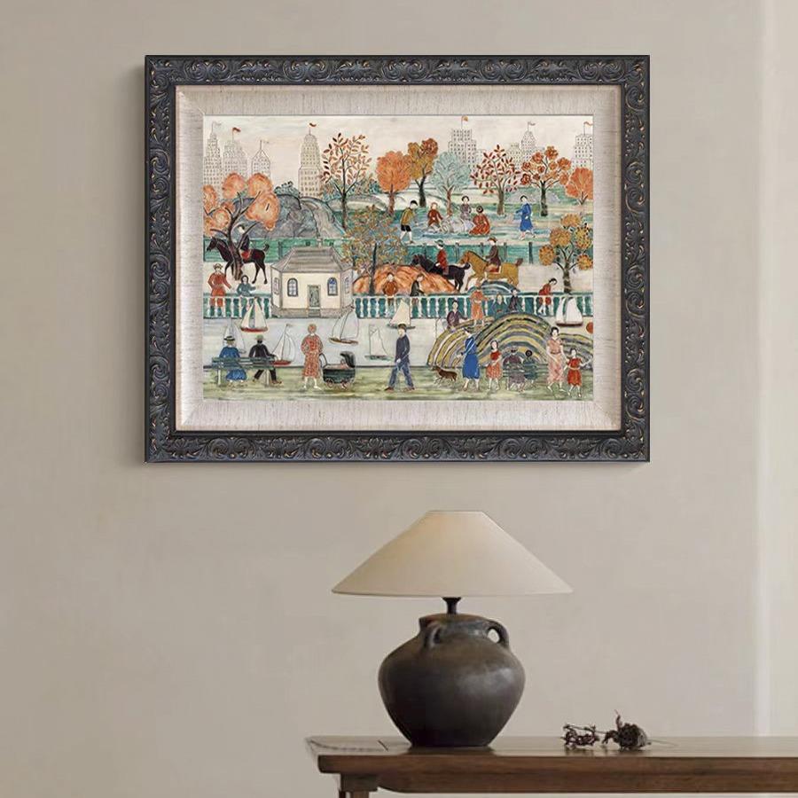 【纽约中央公园】复古法式中古插画油布装饰画黑色雕花框餐厅挂画