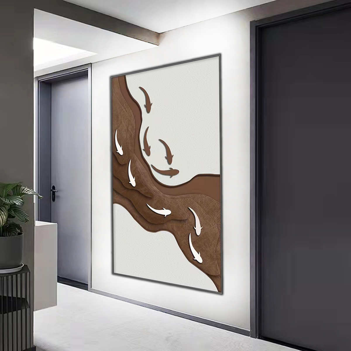 图立体风正尽头现代九玄关原木简约入户挂画装饰画对门鱼走廊壁画图片