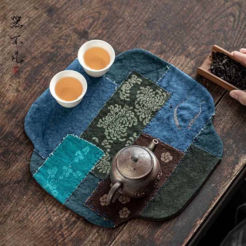 中式复古茶席 禅意干泡单人茶巾布垫子 扎染植布桌旗茶布隔热茶垫