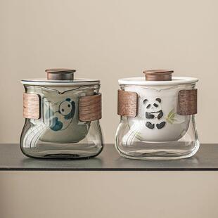 极素草木灰手绘熊猫旅行茶具套装便携式户外喝茶装备快客杯收纳包