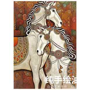 正品美式复古物色动骏马装饰挂客厅玄白关落地摆件马到成画功手绘