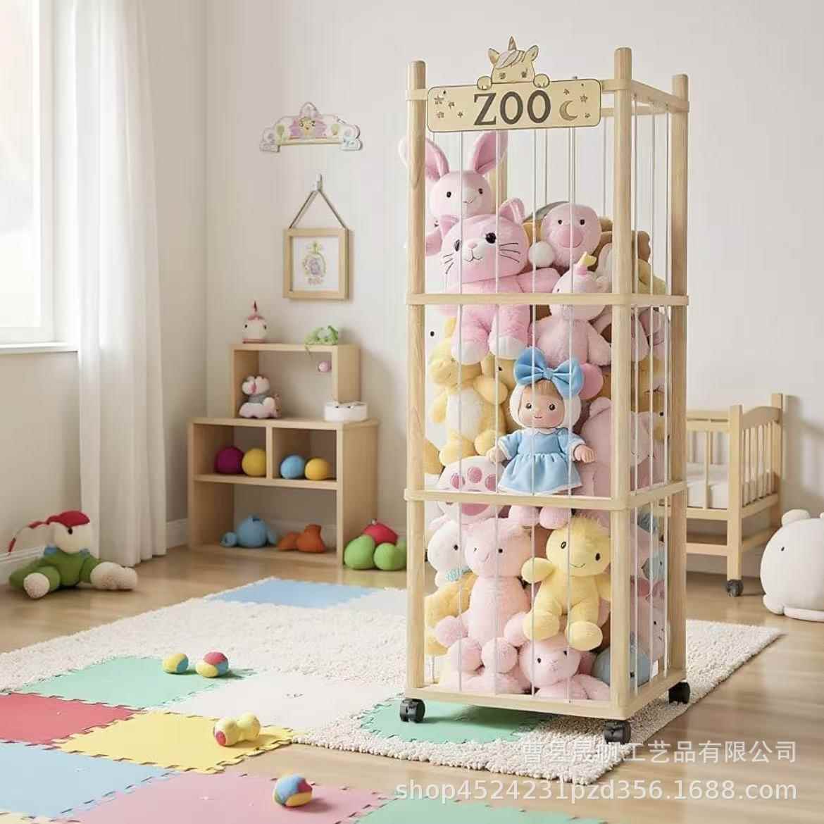 家用实木毛绒玩具收纳架创意木质带轮玩具架卧室木制玩偶整理架
