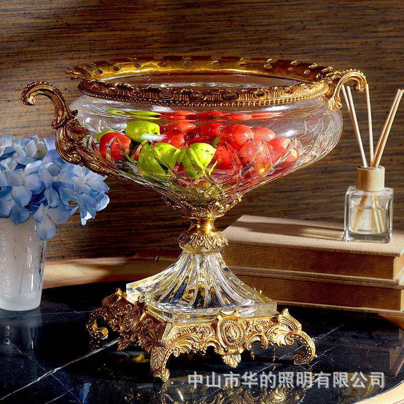 美式高档奢华样板房别墅水晶镶铜水果盘欧式古典软装客厅茶几摆件