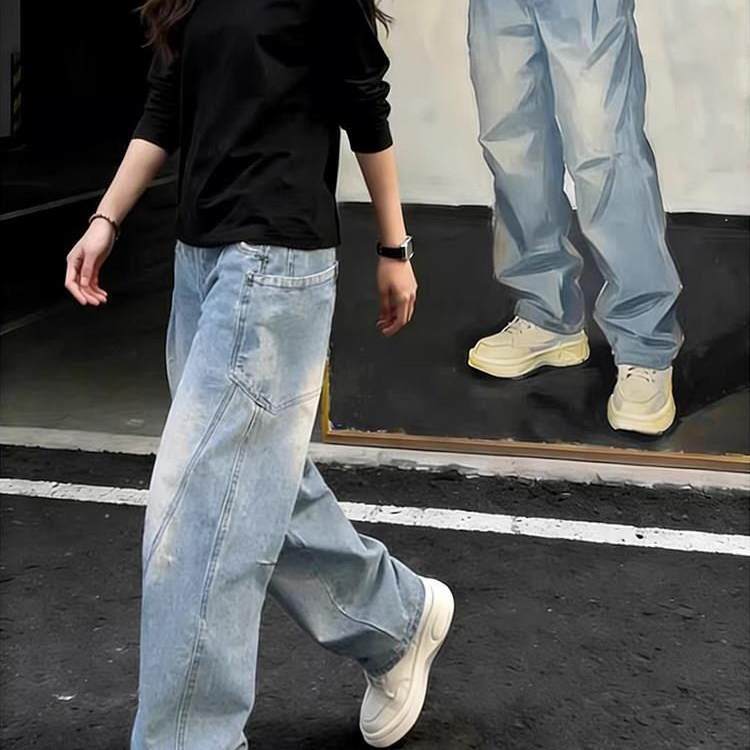 潮牌水洗蓝色弯刀牛仔裤男痞帅时尚直筒裤子美式高街风工装微喇裤