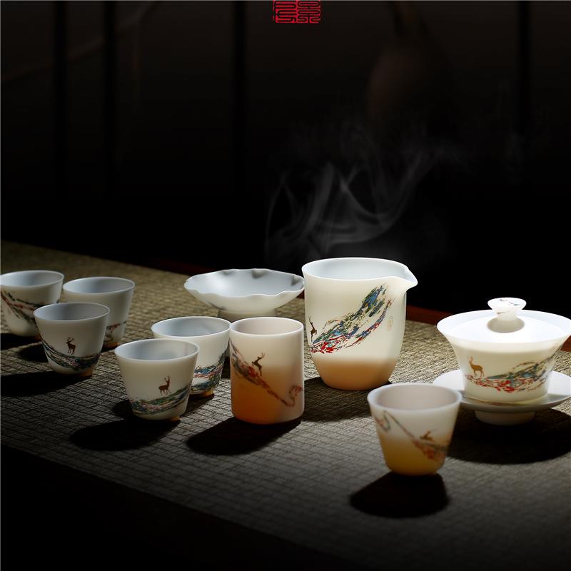 朋寄渡景山房羊脂玉瓷薄胎新中式茶具茶杯套装陶瓷办公室家用会客