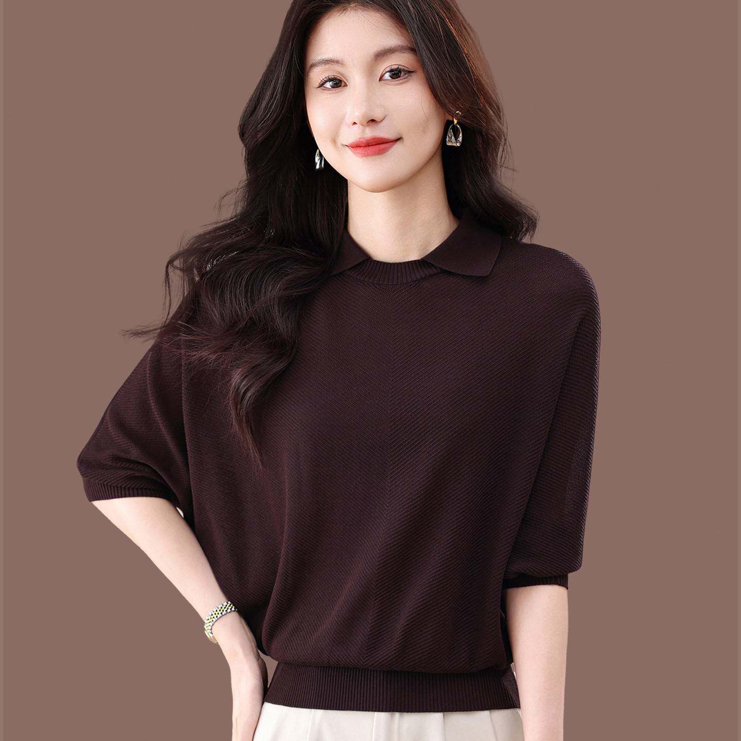 翻领蝙蝠袖冰丝t恤女夏季宽松小个子遮肚高级感桑蚕丝针织衫上衣