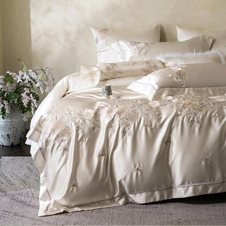 高端莱赛尔棉高精密四件套花卉刺绣轻奢超柔被套床单床上用品香槟