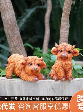 跨境高地牛高山牛花园庭院厨房花盆装饰小摆件一对树脂工艺品