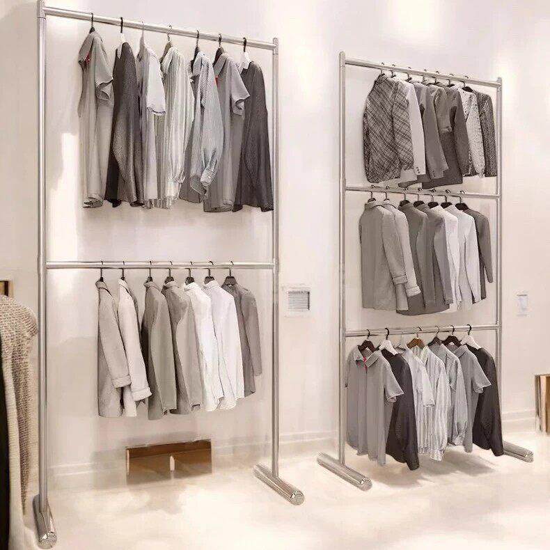 服装店展示架不锈钢银色落地双层可调节三层童装店挂衣货架加轮子