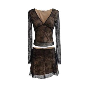 sleeved long lace patchwork Deep top neck