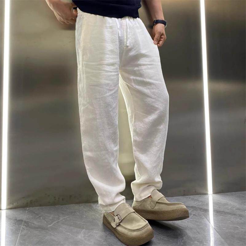 高端白色亚麻休闲弯刀裤男士2026新款男裤秋季薄款度假长裤子男款