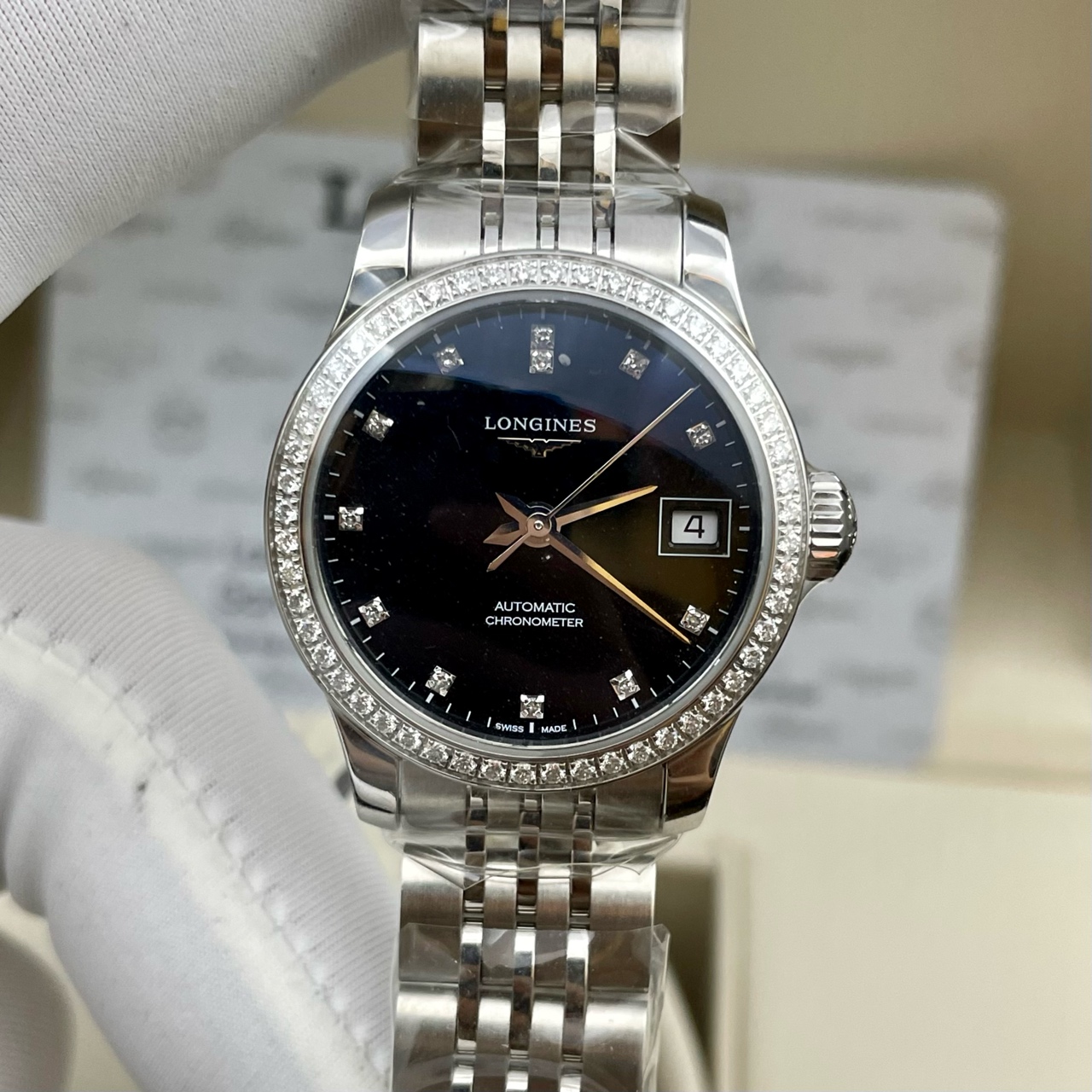 新款9.8新 浪琴开创者系列精钢自动机械钻石女表L2.320.0.57.6