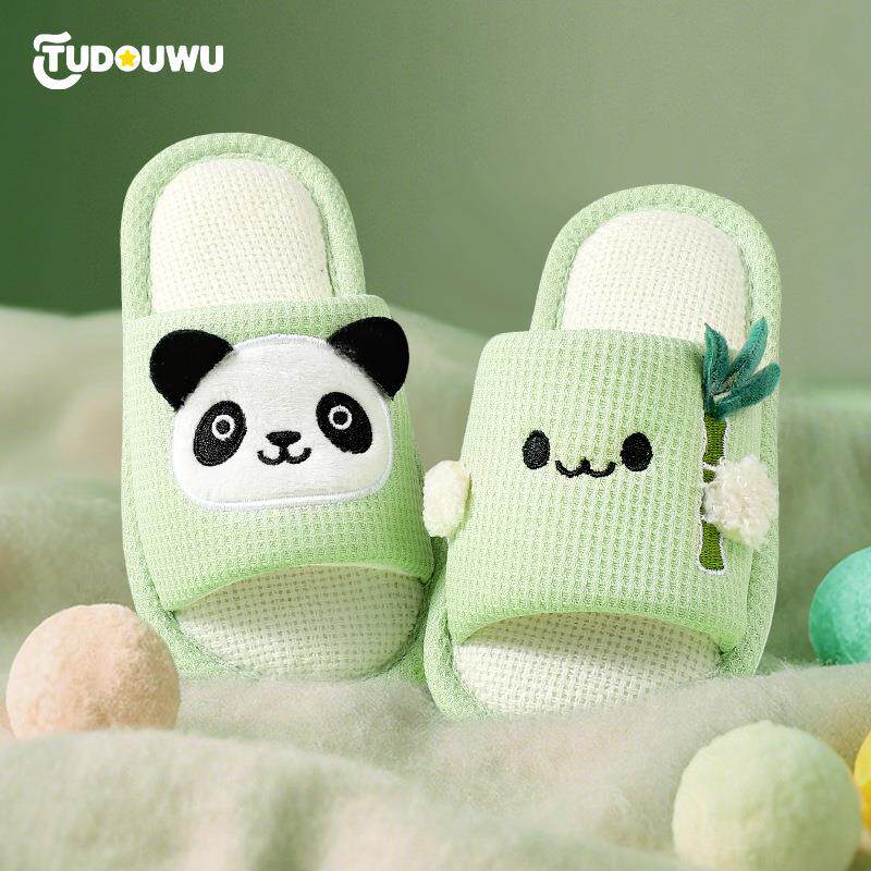 春秋新款儿童卡通熊猫亚麻拖鞋中大童室内居家防滑不凉脚亲子拖鞋