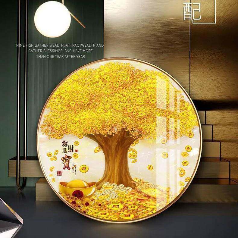 黄金满地发财树新中式圆形装饰画客厅玄关过道餐厅摇钱树晶瓷挂画
