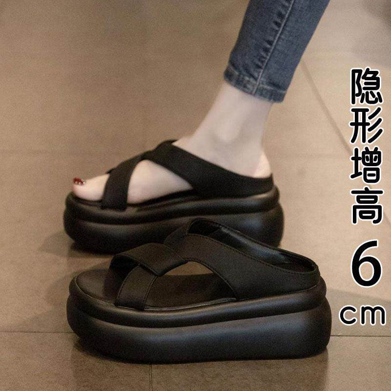 香港真皮厚底增高凉拖鞋女夏外穿2026新款松糕高跟小个子沙滩凉鞋
