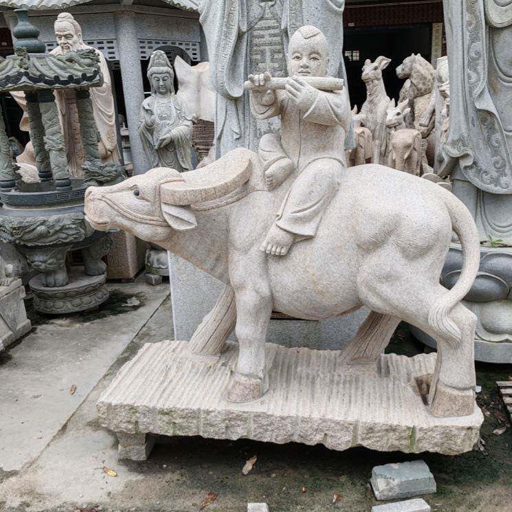 石雕牧童骑牛雕塑雕刻小孩吹笛子猛牛公园广场花岗岩童子卧牛