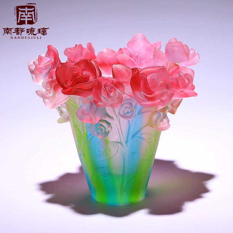 古法琉璃玫瑰花瓶轻奢高级感客厅装饰工艺品摆饰玄关高档乔迁礼物