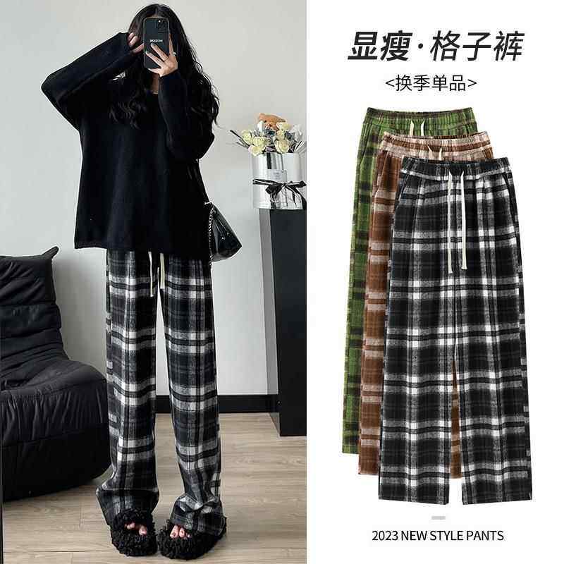 毛呢格子裤加绒裤子女冬季垂感慵懒休闲直筒裤显瘦加厚高腰阔腿裤
