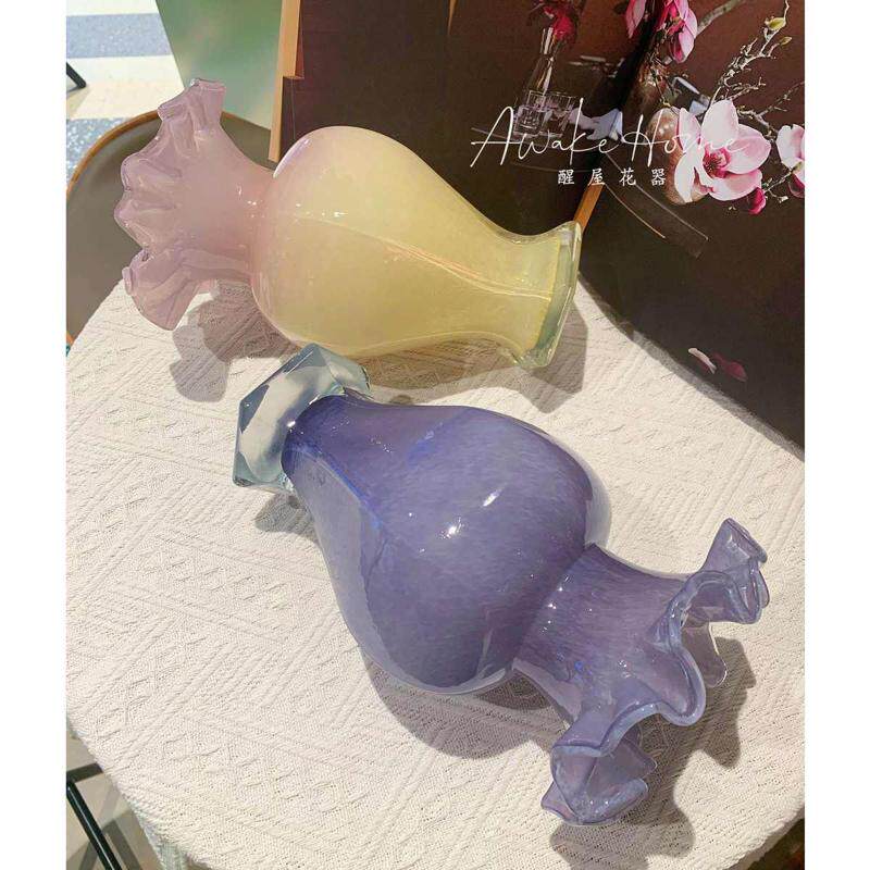 插花摆件摆件水培花边彩器中古餐桌六角玻璃顿手工家居芬炫花花瓶