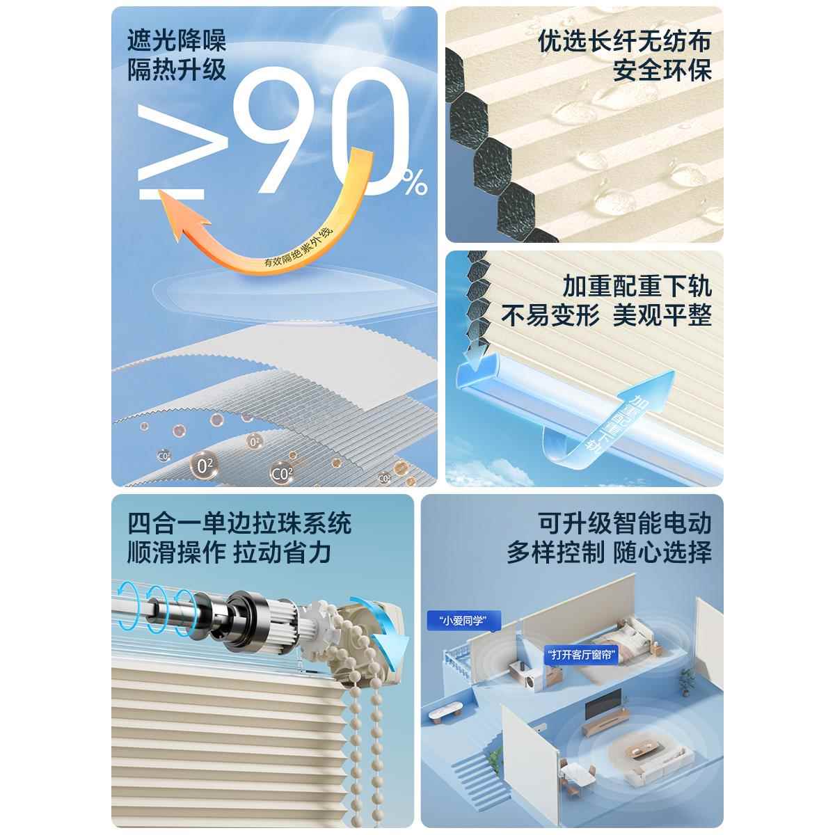 全遮光蜂巢帘窗帘卷拉免打孔卧式F768M6J8室蜂窝遮帘帘电动阳百叶
