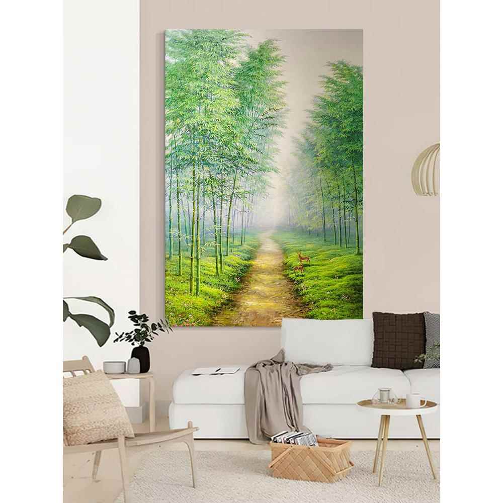 竹林小路纯手绘油画客厅梅花鹿装饰画玄关绿色竹子挂画新中式国画