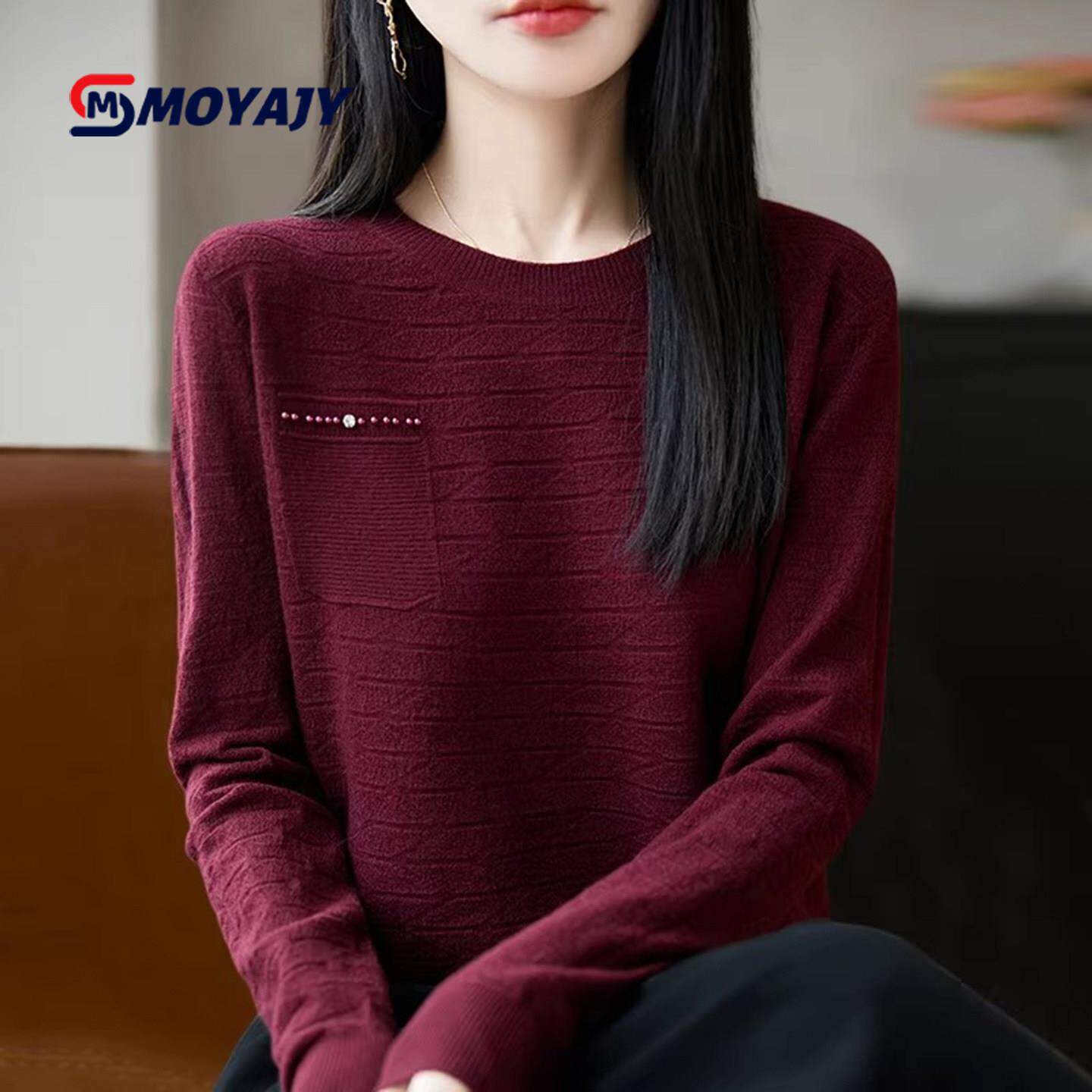 MOYAJY品牌春秋季纹理针织打底衫女内搭上衣洋气大码女装柔软毛衣