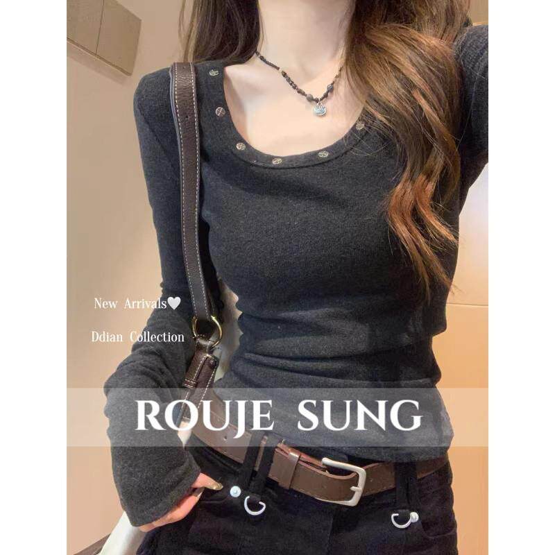 ROUJE SUNG~u领铆钉长袖T恤女春秋季修身显瘦内搭上衣百搭打底衫