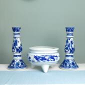 摆件 风格 景德镇青花瓷香炉烛台套装 竹签棉芯两用双龙寿比南山中式