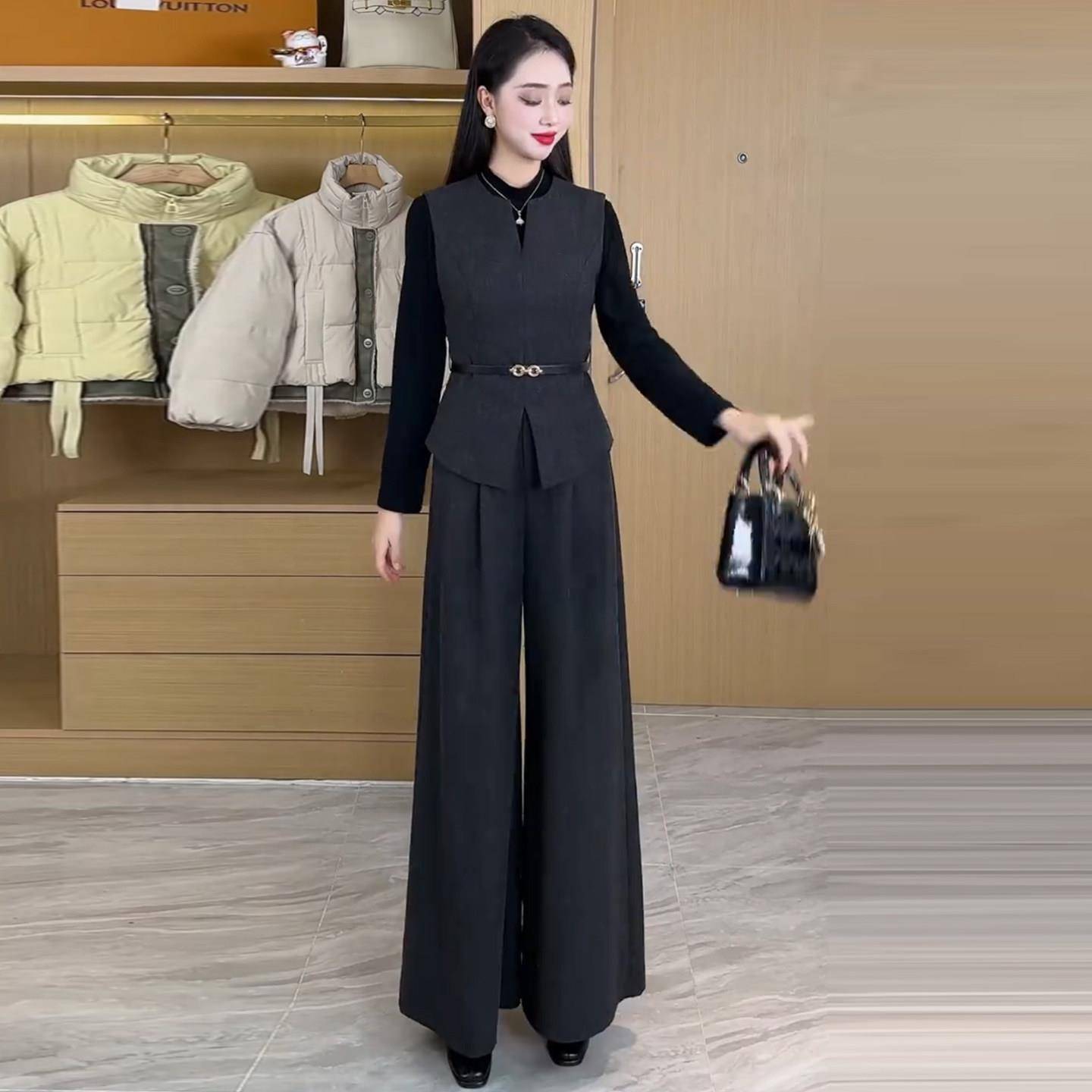 好货时尚洋气套装女2026春季新款气质显瘦马甲打底衫高腰阔腿裤三