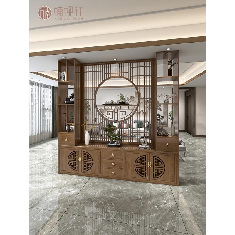 屏风玄关博古架电视柜新中式客厅中间隔断柜全实木一体柜大厅双面