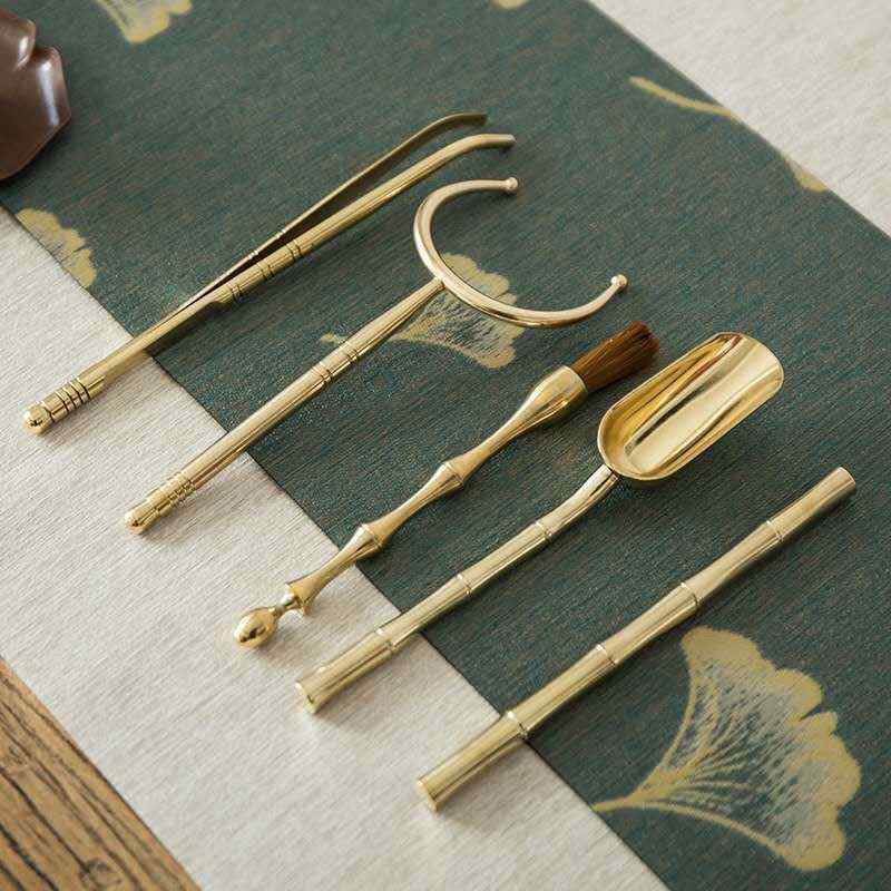 纯铜茶道六君子套装 黄铜功夫茶具配件茶夹 茶勺养壶笔纯铜五件套