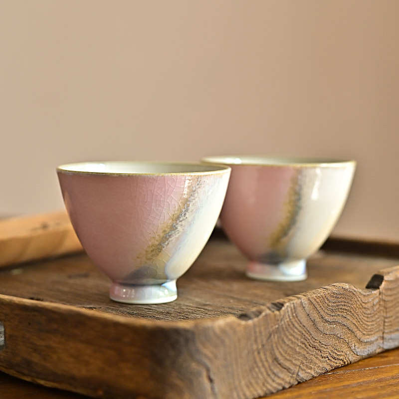 坯深粉色釉全手工用茶杯陶瓷女士景德镇结晶杯斗笠窑变拉鸡心主人