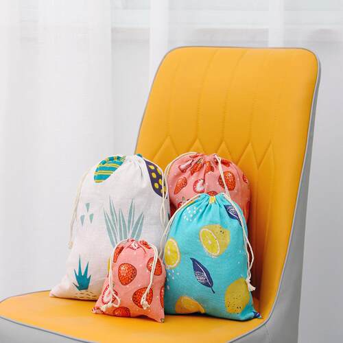 Printed cotton and linen storage bag with drawstring, burlap