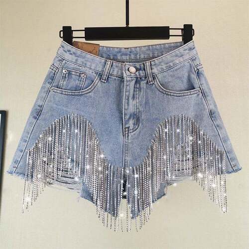 DIY Women’s Beaded Denim Shorts Handmade Pearl Fringe Mid