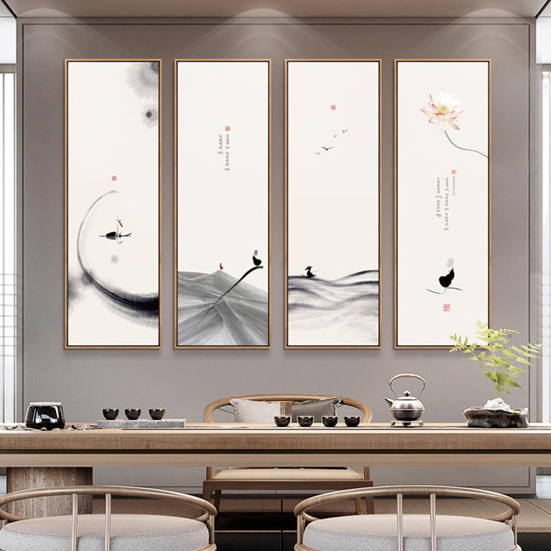 禅意新中式客厅装饰画茶室沙发背景墙挂画四联壁画水墨画墙画复古