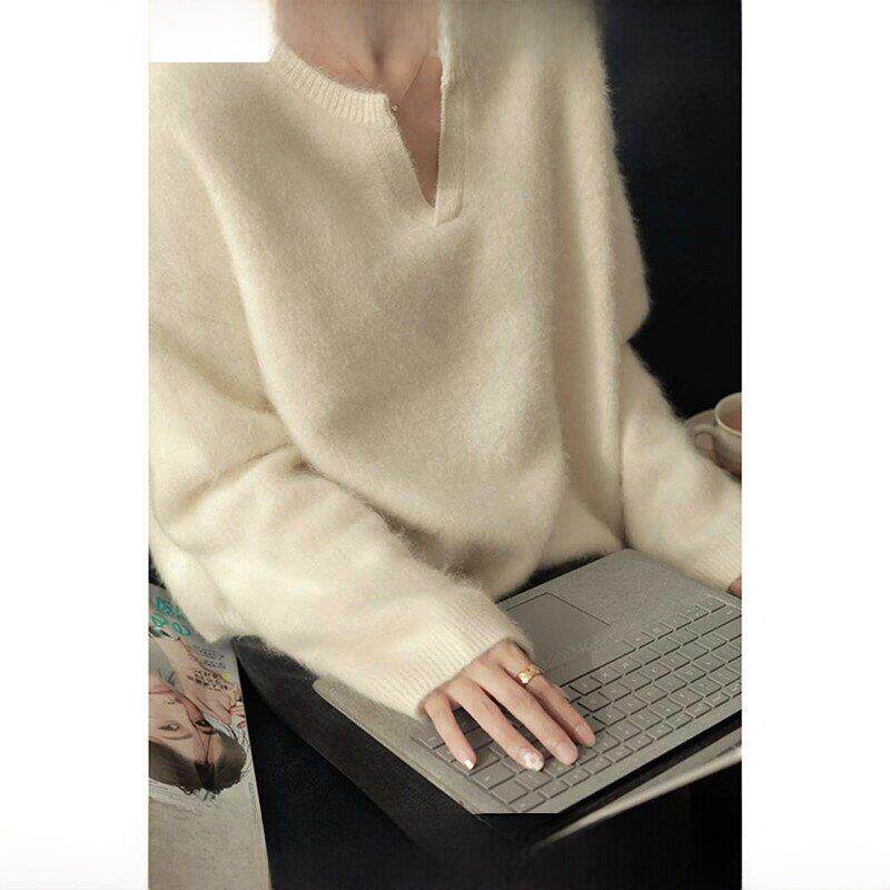 Rouje tusse2025秋冬覆古白色V领羊绒毛衣女宽松慵懒风长袖针织衫