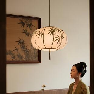 宋代学室吊灯新美式茶室中餐厅手绘竹叶设计吊灯酒店卧民灯具宿小