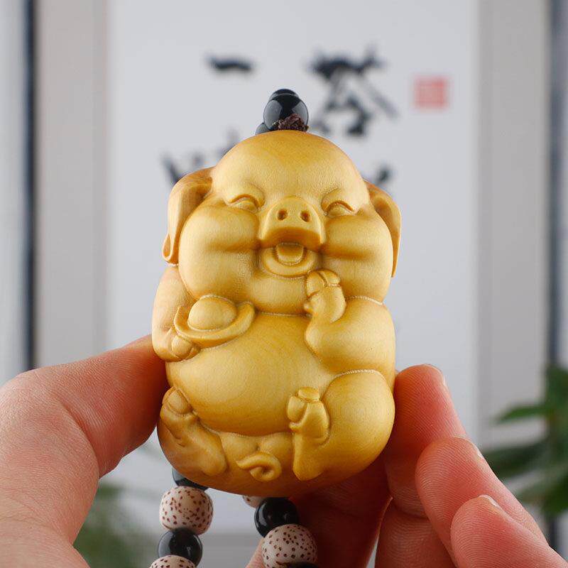 木雕手把件男士文玩把玩件随身小叶黄杨木雕刻生肖动物招财进宝猪