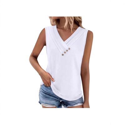 Women Summer Button V Neck Shirts Sleeveless Tops Down