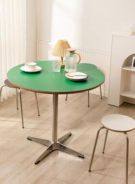 北欧餐桌中古绿色不锈钢圆桌 ins风现代简约实木多层会议洽谈桌子